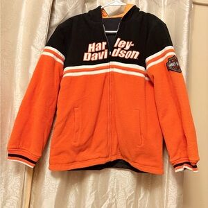 Harley-Davidson reversible fleece hoodie.  Black and Orange Zip-Up Hoodie